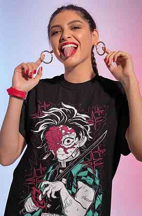 Футболка з аніме принтом Вбивця демонів оверсайз (S/M/L) Чорний AnimeJ1168 Дніпро