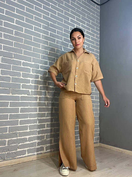 Костюм жіночий Mix Ray 4157 сорочка оверсайз брюки з розрізами побоках рівні від стегна бежевий, бежевий, L Київ - фото 1