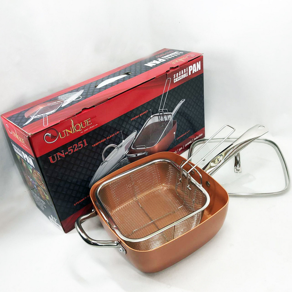 Сковорода-фритюрниця UNIQUE UN-5251 квадратна антипригарна з пароваркою та каструлею + скляна кришка 24 см IE-51 Львів - фото 11