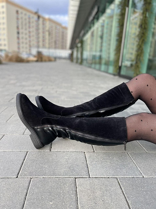 Чоботи жіночі зимові комбіновані натуральна шкіра + замша чорні на низькому ходу 5191 Коломыя - изображение 4