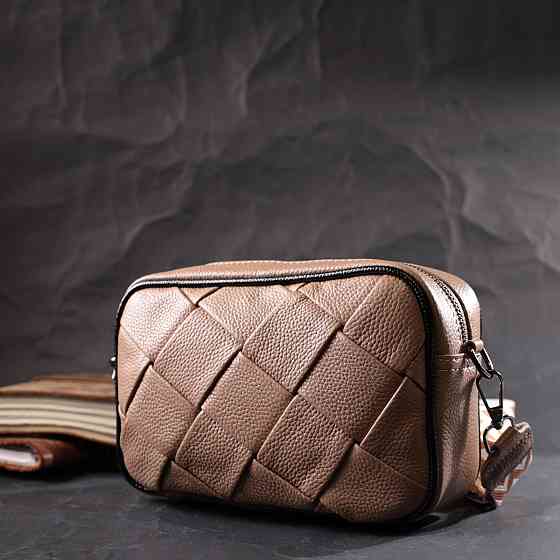 Модна шкіряна сумка з плетіннями для стильних жінок Vintage 22409 Бежева Київ