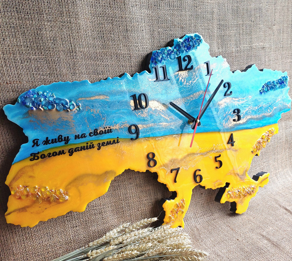 Настінний годинник з епоксидної смоли ручної роботи "Карта України" 50х32 см Дніпро - фото 3