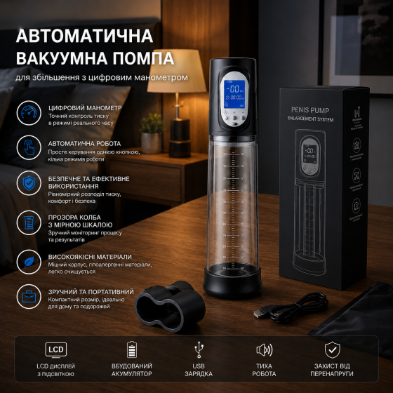 Автоматична вакуумна помпа для збільшення пеніса з цифровим манометром, електрична помпа для чоловіків, тренажер для ерекції Київ