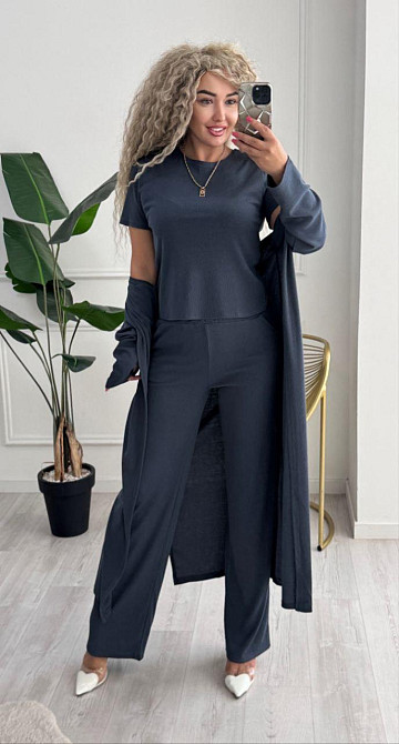 Женский базовый прогулочный костюм тройка: кардиган футболка и штаны трикотажный рубчик Графит, 42/44 Одесса - изображение 3