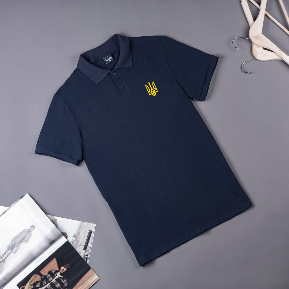 Мужская футболка поло тёмно-синяя Pobedov Loft - Герб наклейка жовта Киев - изображение 1