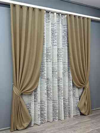 Комплект штор VR-Textil Льон Мішковина 150х270 2шт і Тюль 500х270 673ш-1790т Капучино з білим 71-063/4 Київ