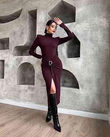 Жіноче елегантне романтичне максіплаття гольф із плічками та розрізом на ніжці Марсал, 46/48 Одеса