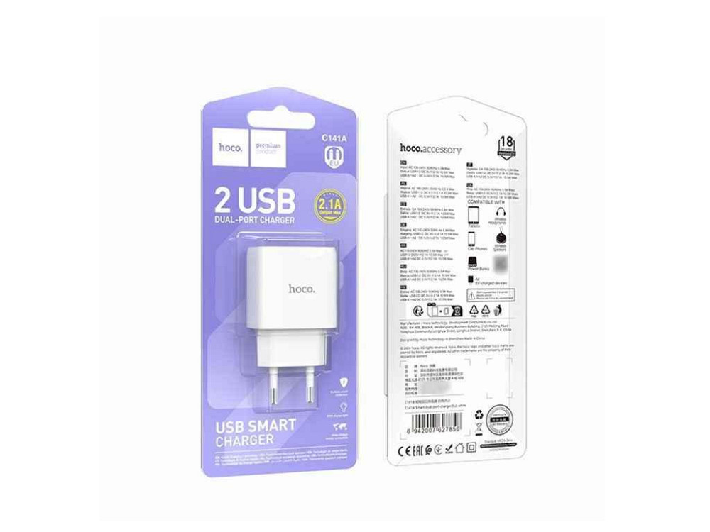 Мережевий зарядний пристрій USB C141A 2.1A/2USB білий ТМ HOCO Київ - фото 1
