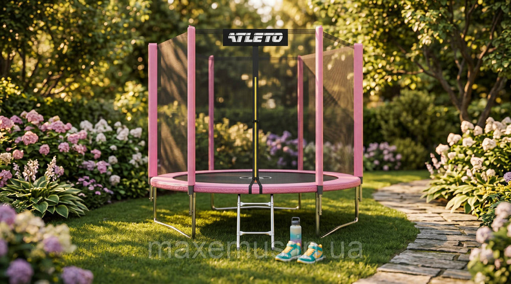 Батут с защитной сеткой и лестницей Atleto 312 см Розовый детский для дачи и дома (нагрузка до 150 кг) Мостиска - изображение 8