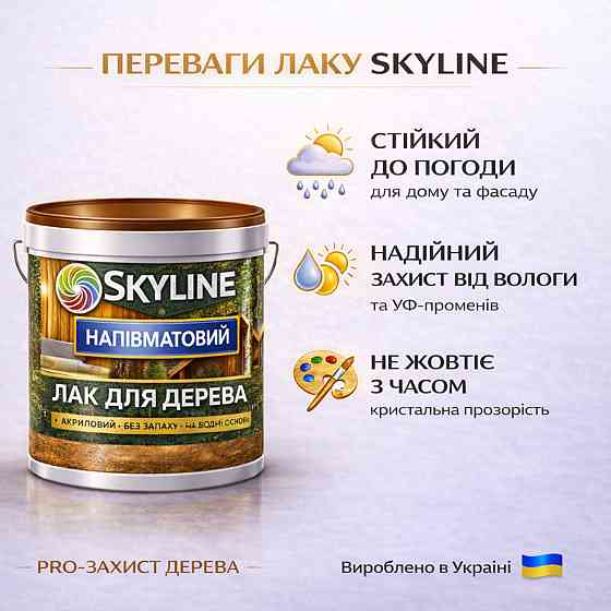 Лак для дерева Skyline напівматовий акриловий прозорий без запаху для внутрішніх та зовнішніх робіт 3 л Харків