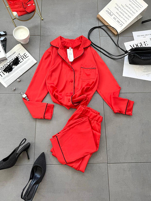 Женская легкая пижама двойка: рубашка и штаны шелк Красный, 42/44 Одесса - изображение 2