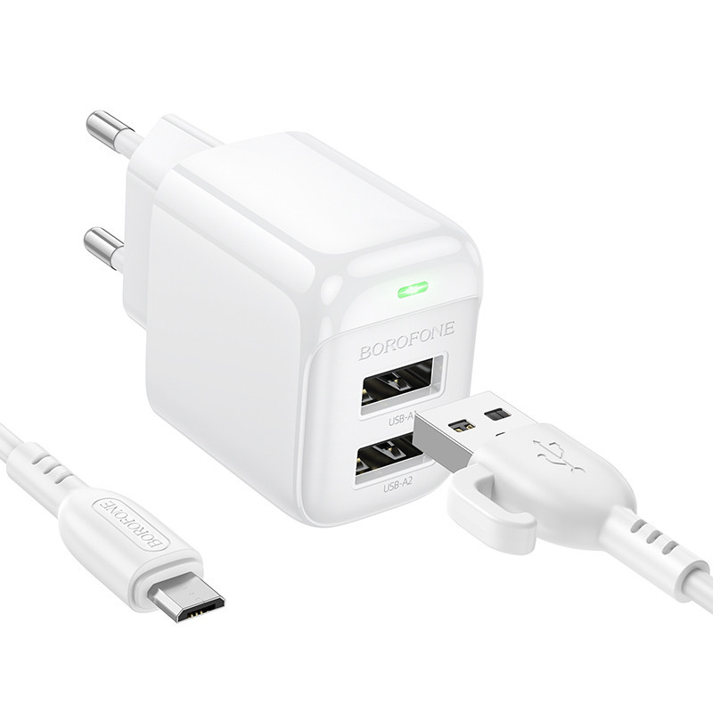 Мережевий зарядний пристрій з кабелем BOROFONE BAS41A Potential dual-port charger set(Micro) White Одеса - фото 3