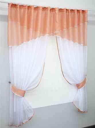 Кухонные шторы VR-Textil № 091к с ламбрекеном и подвязками персиковый с белым 280х170 см (52-0452) Киев