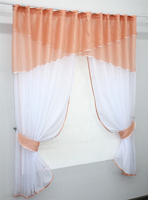 Кухонные шторы VR-Textil № 091к с ламбрекеном и подвязками персиковый с белым 280х170 см (52-0452) Киев - изображение 2