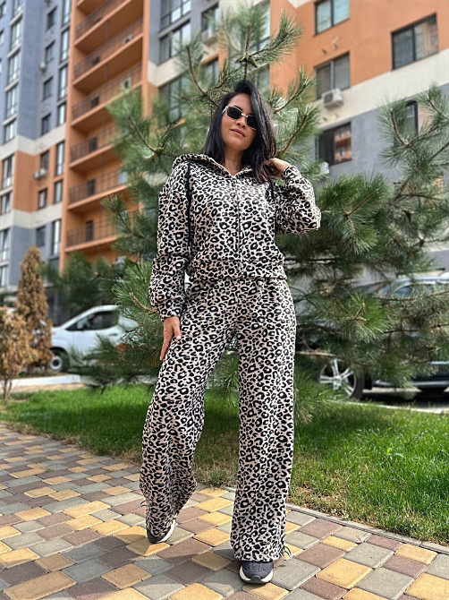 Костюм женский W 9231 леопардовый утепленный флис худи и брюки палаццо коричневый, коричневый, S Киев - изображение 6