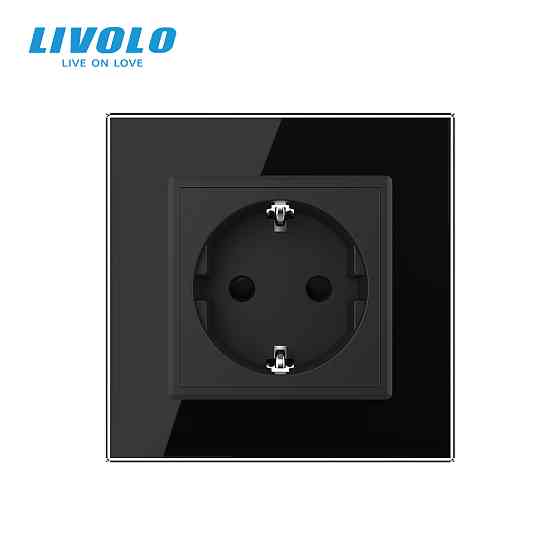 Електрична розетка з заземленням LIVOLO, чорна, скляна рамка, шторки, 250В 16А (VL-M7FCTC16A-2BP) Коломыя