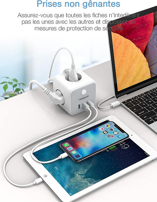 Мережевий подовжувач TESSAN USB Power Strip Cube, 3 розетки, 3 USB-порти, вимикач, 1.5 м, сірий Київ - фото 2