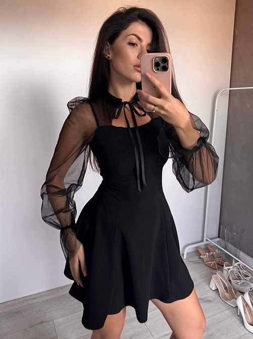 Женское нежное платье с рукавами из сеточки креп дайвинг Черный, 46/48 Одесса - изображение 6