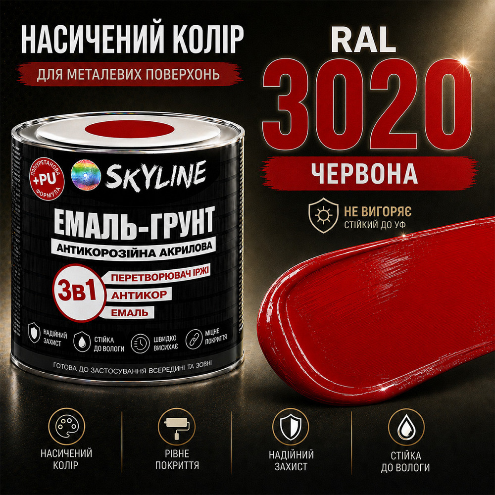 Емаль-ґрунт 3 в 1 SkyLine RAL 3020 Червона — антикорозійна акрил-поліуретанова фарба по металу без запаху, 0.9 кг Харків - фото 5