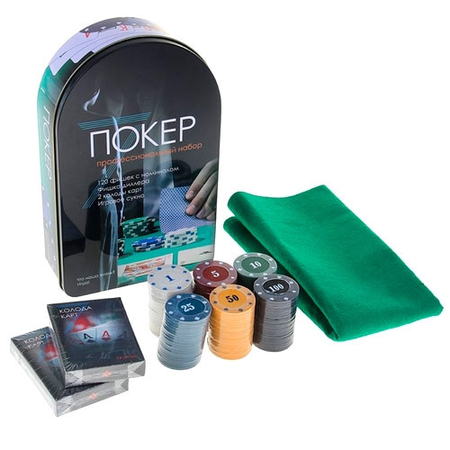 Набір для покеру: карти, 120 фішок, сукно в метал коробці, покерний Вінниця - фото 1