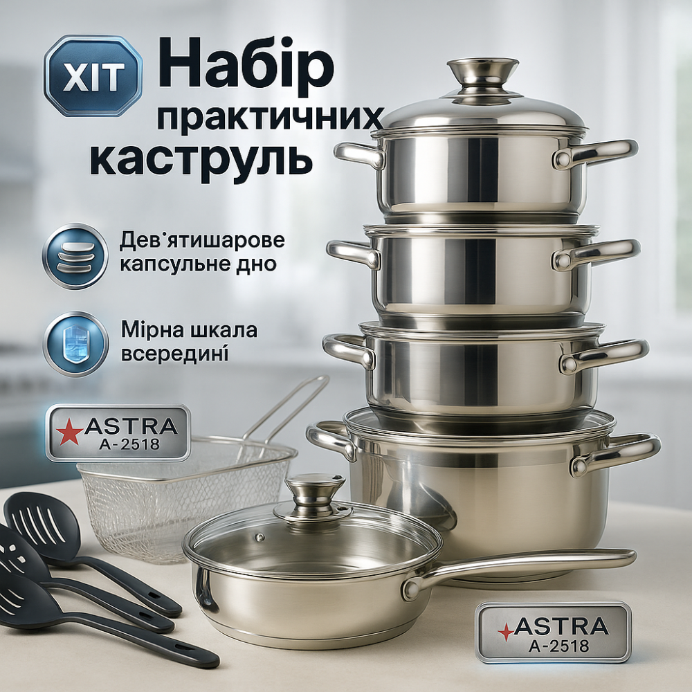Хорошие кастрюли 18 предметов ASTRA A-2518, Сборный набор кастрюль, Набор кастрюль из нержавеющей стали NM-92 Львов - изображение 11