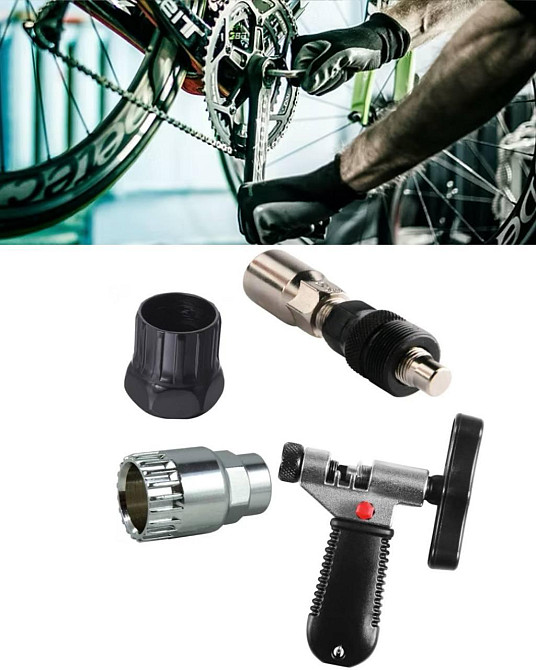 Набір інструментів для ремонту велосипеда знімач шатунів, каретки, тріскачки, замок для розклепки це Бровари - фото 1