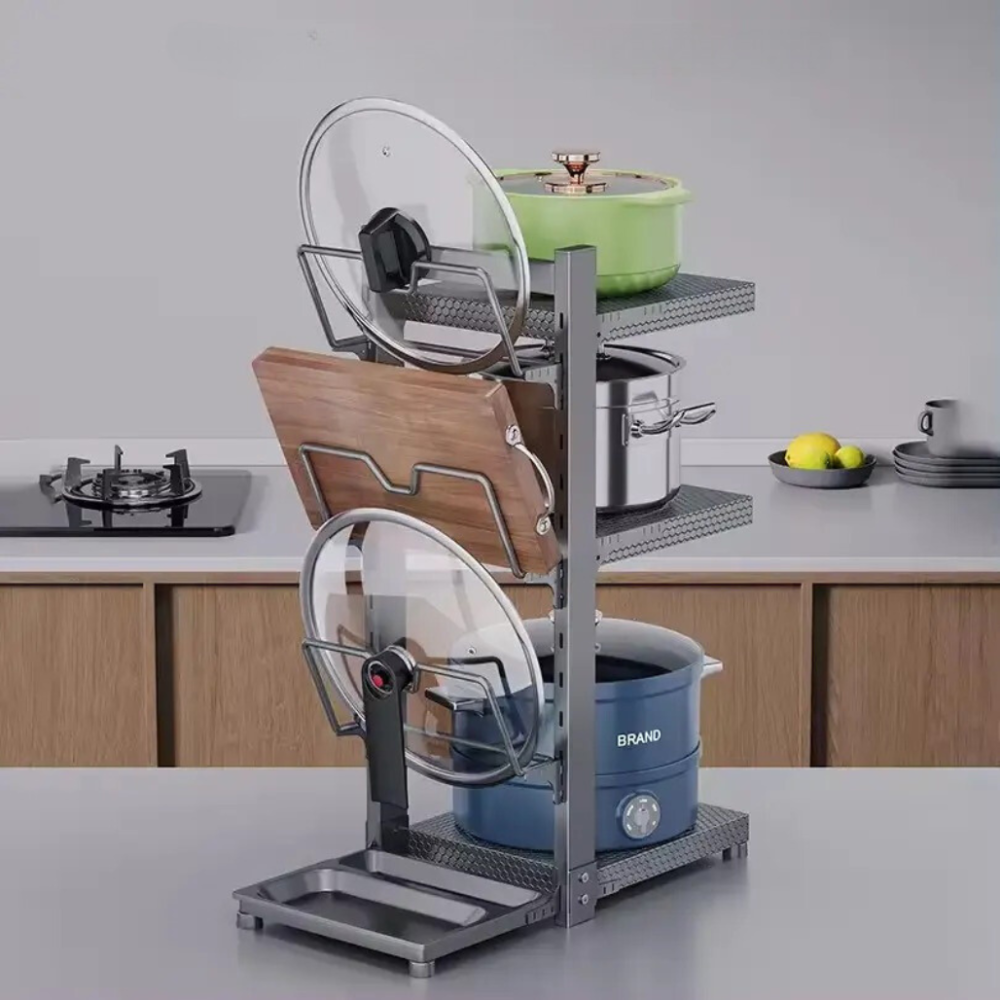 Полиця-підставка для каструль на 3 полиці двостороння з 3 тримачами для кришок з вуглецевої сталі, сіра Кам'янець-Подільський - фото 1