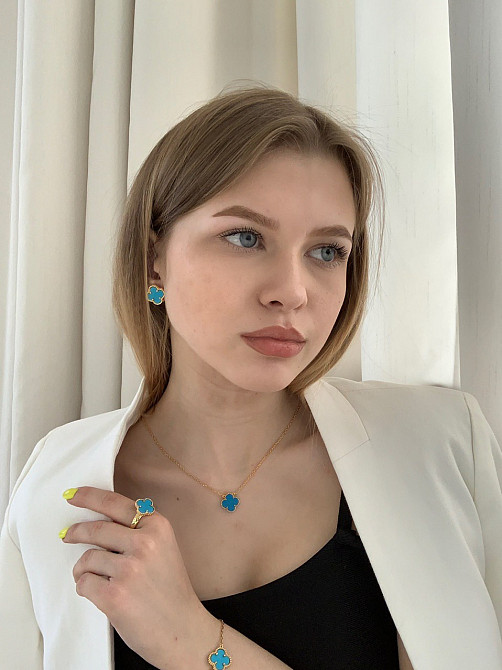 Серьги клевер гвоздики голубые в лимонном золоте / Сережки Vancleef Ванклиф один цветочек под бирюзу Одесса - изображение 2