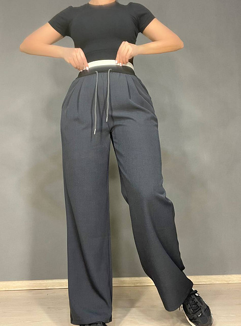 Брюки жіночі A-N 25110 палаццо широкі висока талія на резинці зі шнурком графіт, графіт, M Київ - фото 16