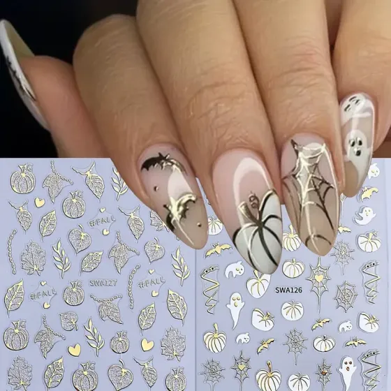 3D наклейки для нігтів Осінь і Хелловін – гарбузи, привиди, павутина, листя, золотий декор 2 аркуші Київ