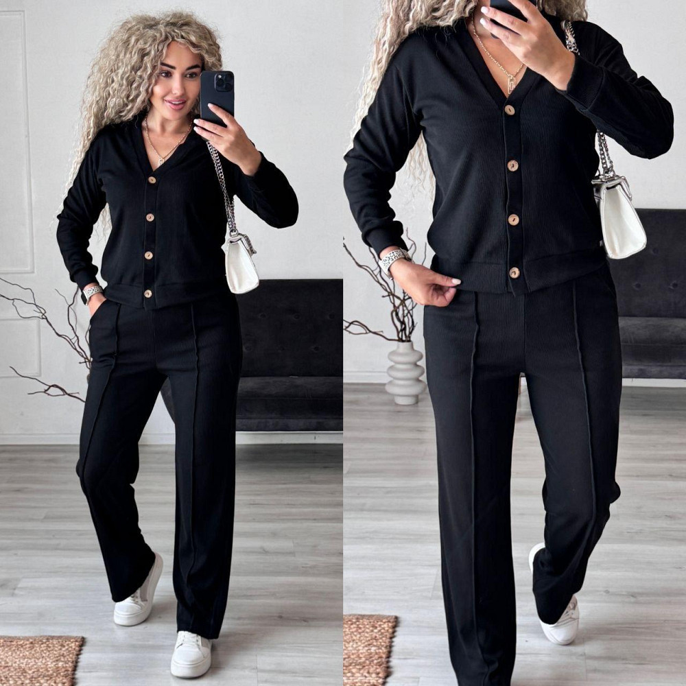 Жіночий стильний повсякденний костюм-двійка: кардиган на ґудзиках + штани трикотажний рубчик Чорний, 46/48 Одеса - фото 8