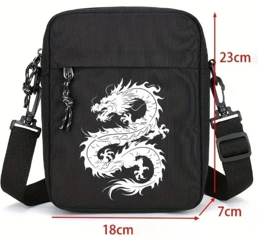 Стильна Чоловіча Чорна Сумка через Плече з принтом дракона. Харьков - изображение 4