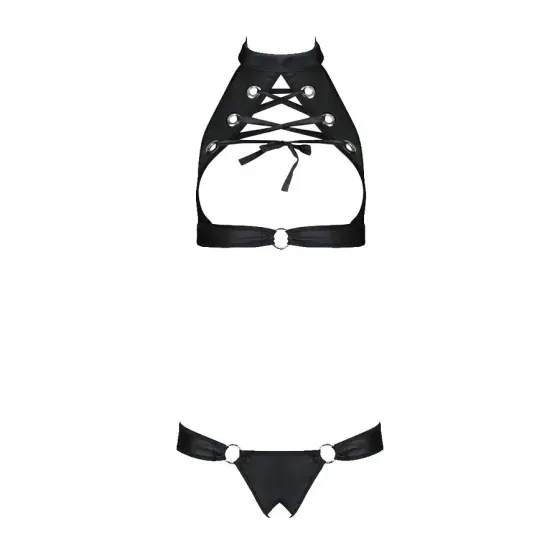 Комплект із екошкіри Passion MALWIA SET with Open Bra 4XL/5XL black, топ та трусики з люверсами Львів