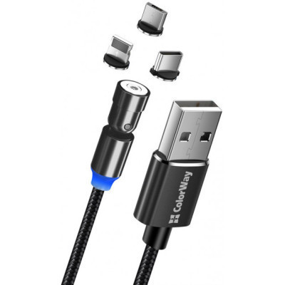 Дата кабель USB 2.0 AM to Lightning + Micro 5P + USB-C 1.0m Magnetic Ro ColorWay (CW-CBUU037-BK) Вінниця - фото 1