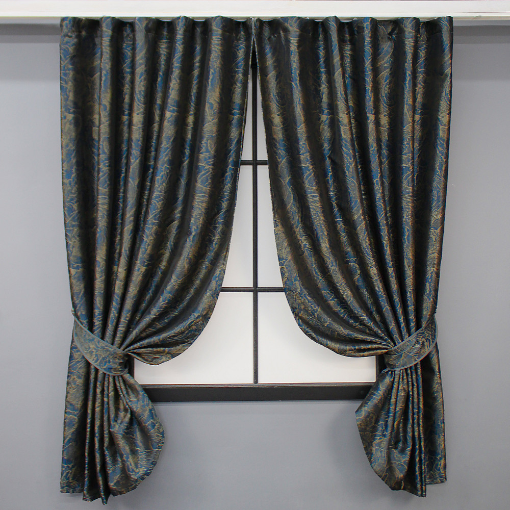 Комплект коротких штор VR-Textil Жаккард Fantasy № 1634ш Синий с золотистым 140х170 см 2 шт (35-0287) Киев - изображение 1