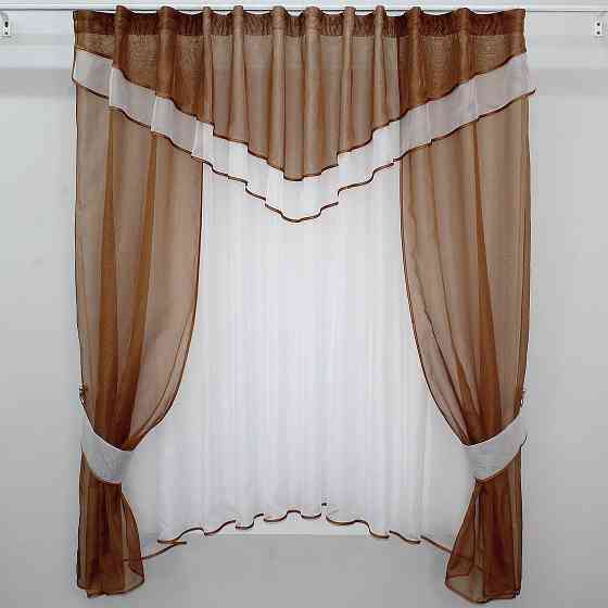 Кухонний комплект VR-Textil № 058к шторки і тюль з ламбрекеном коричневий з білим 270х170 см (50-678) Київ