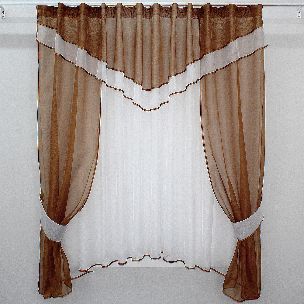 Кухонний комплект VR-Textil № 058к шторки і тюль з ламбрекеном коричневий з білим 270х170 см (50-678) Київ - фото 1