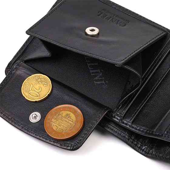 Практичний компактний гаманець із вкладишем для посвідчення для чоловіків з натуральної гладкої шкіри Чорний (CANPELLINI) Київ