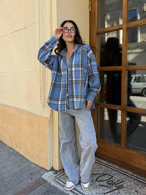 Жіноча тепла сорочка вільного крою в карту турецька байка Блакитний, 46/48 Одеса - фото 3