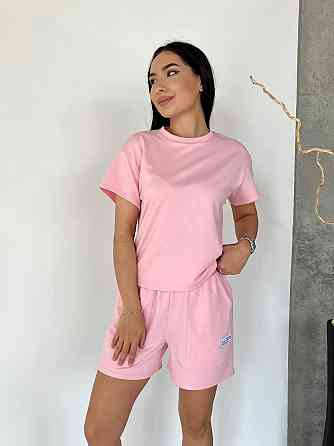 Женский летний прогулочный костюм двойка: футболка и шорты двунитка Розовый, 48/52 Одесса