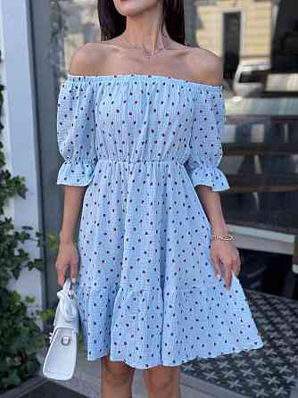 Жіноче романтичне легке принтоване плаття з відкритими плечима муслін Блакитний, 46/48 Одеса