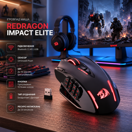 Игровая мышь Redragon Impact Elite Black беспроводная Bluetooth/2.4 ГГц/USB, 16000 DPI, программируемые кнопки, оптический сенсор Киев
