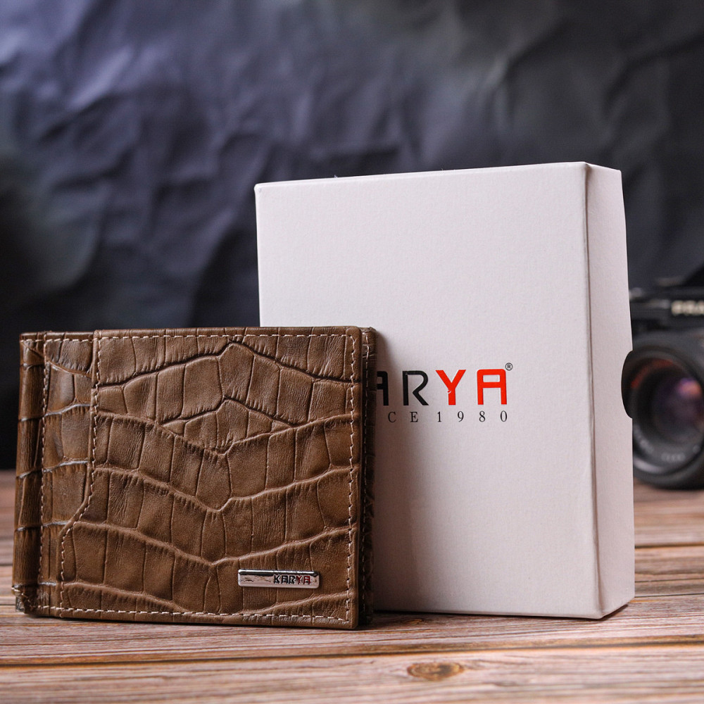 Фактурный мужской зажим из натуральной кожи с тиснением под крокодила KARYA 21415 Бежевый Киев - изображение 1