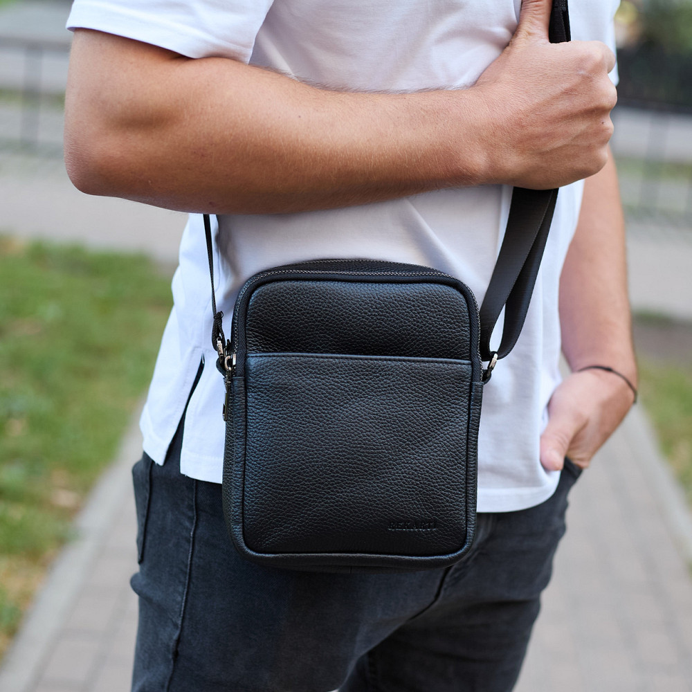 Мужская борсетка через плечо, зернистая кожа 20х16х6, мессенджер для города, сумка для телефона и документов, черная Киев - изображение 6