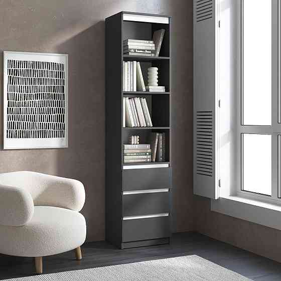 Пенал для книг VAYS R-25 Антрацит-Білі планки, з відкритими полицями та шухлядами, без ручок, ЛДСП, 50×40×211 см - для вітальні, спальні, офісу Львів