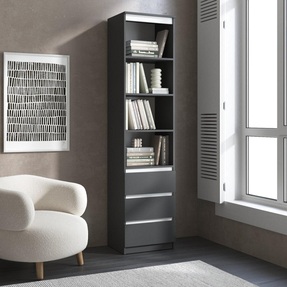 Пенал для книг VAYS R-25 Антрацит-Білі планки, з відкритими полицями та шухлядами, без ручок, ЛДСП, 50×40×211 см - для вітальні, спальні, офісу Львів - фото 1