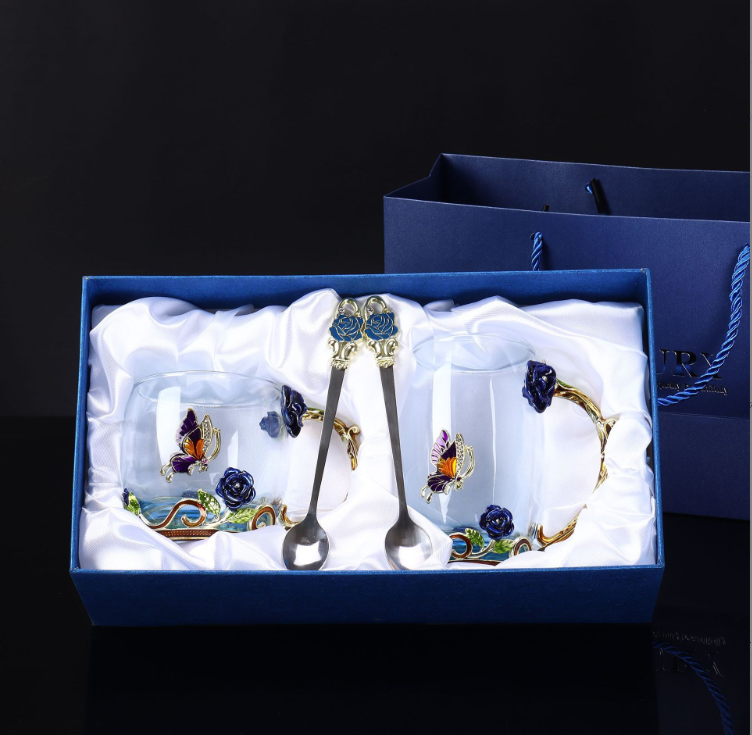 Чашки ПОДАРОЧНЫЕ 2 в декоративном металлическом подстаканнике  Синяя РОЗА Кременчуг - изображение 2