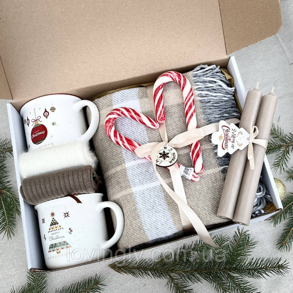 Новогодний набор для двоих: плед 140×180, 2 чашки, 2 свечи, 2 пары шерстяных носков Ирпень - изображение 1