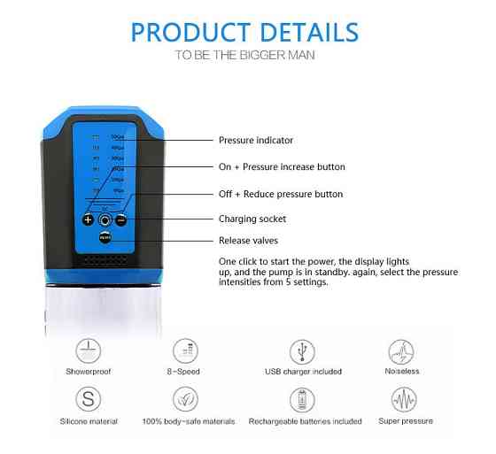 Автоматична вакуумна помпа із зарядкою від USB CANWIN Passion Pump Men BLUE - P638AU Sex Aura Київ
