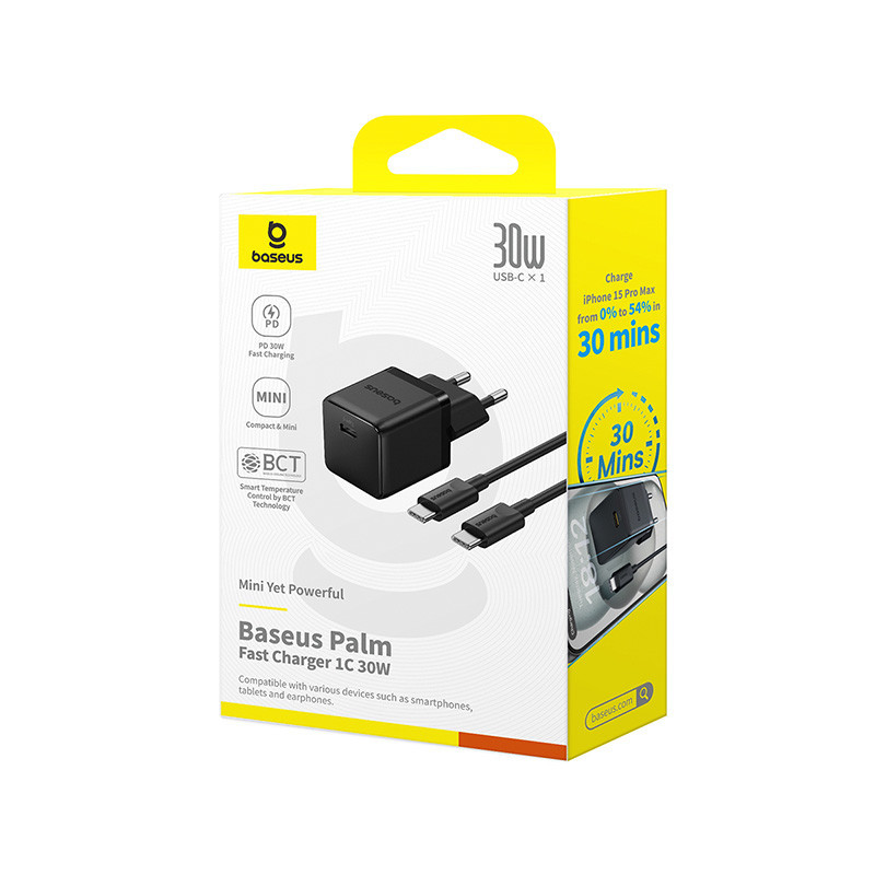 Мережевий зарядний пристрій з кабелем Baseus Palm Fast Charger 1C 30W EU Cluster Black(With: Baseus Mini White Cable C to C Одеса - фото 2